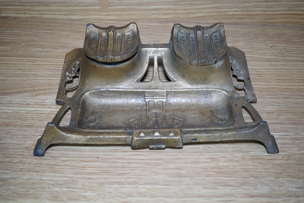 Art Nouveau English and Continental pewter, including a tray dish inkwell plate, etc., dish 30cm diameter (17). Condition - variable fair to good